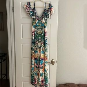Flying Tomato off-shoulder tropical print jumpsuit with ruffled neckline; Medium
